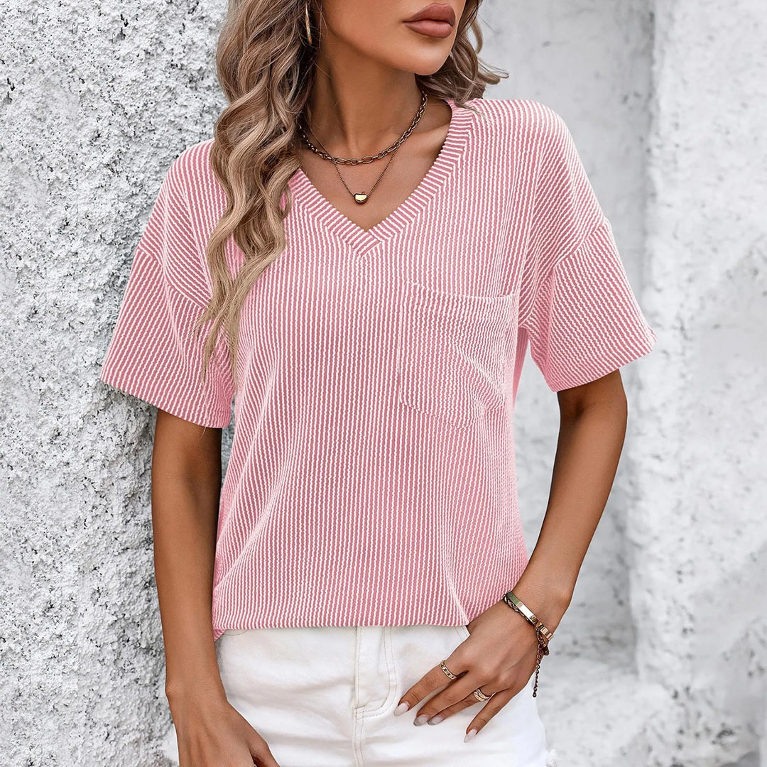 Aveline Women’s Solid V-Neck Knitted Tunic Top with Pocket for Summer and Autumn
