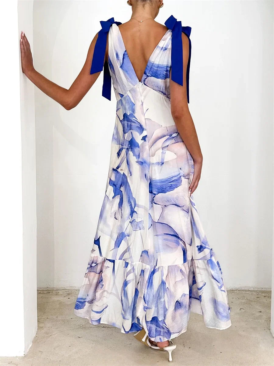 Alba Back Tie V-Neck Maxi Dress Elegant Floor-Length Gown for Autumn
