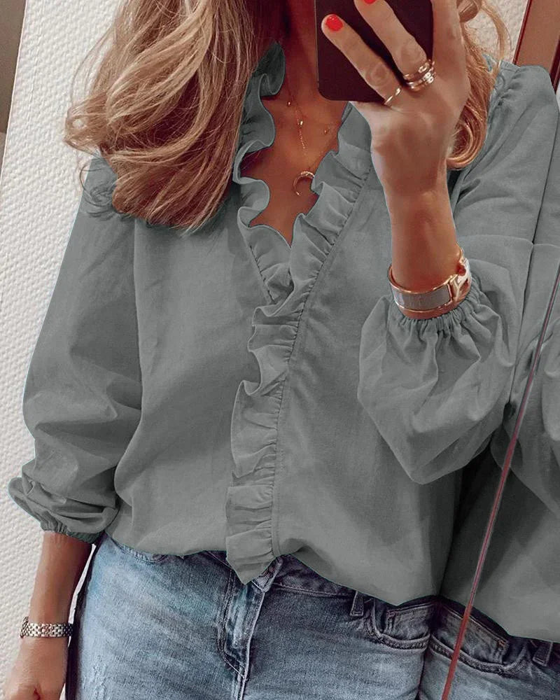 Enola Feminine Blouse with Playful Ruffles and Elegant Balloon Sleeves for Summer