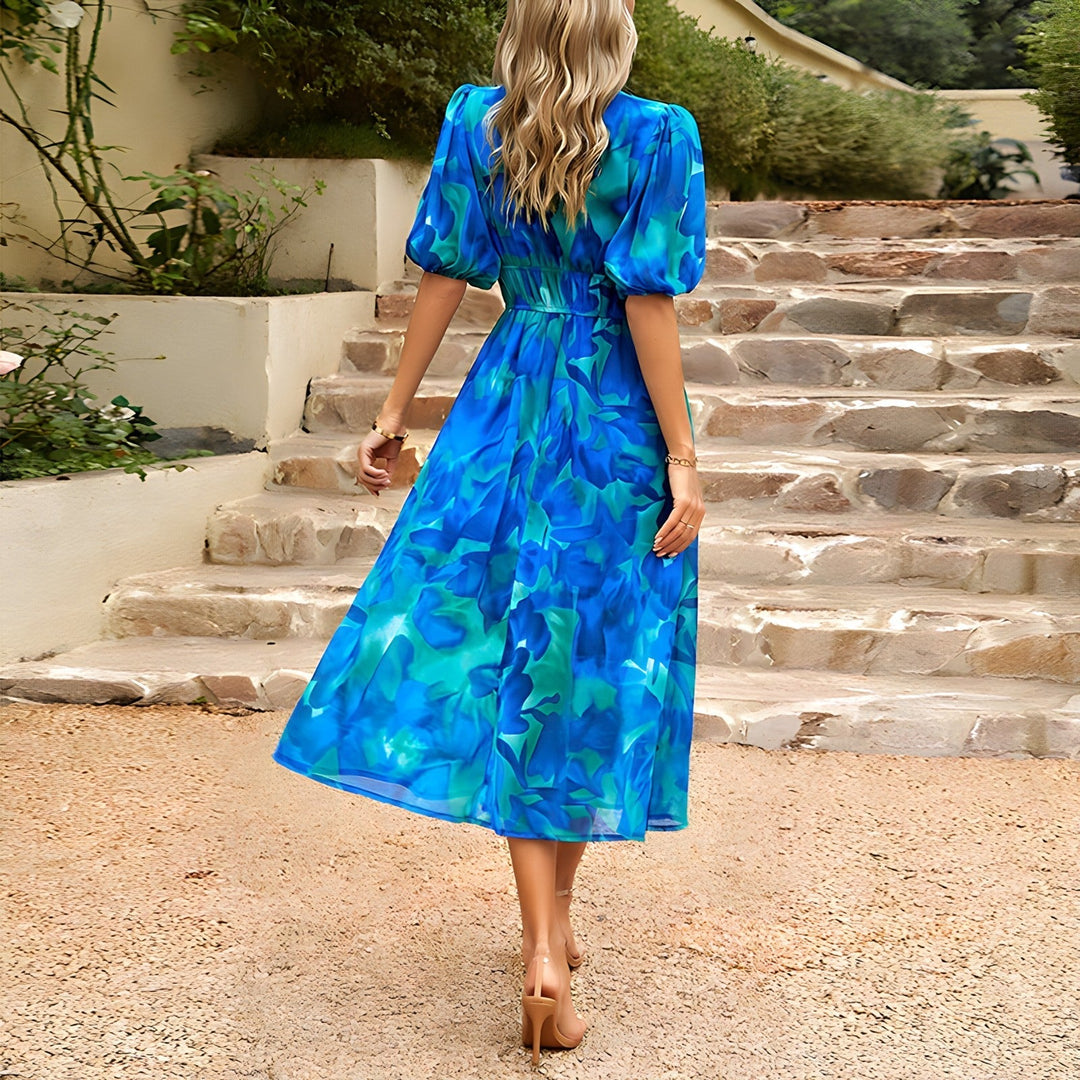 Isolde V-Neck Midi Dress with Puff Sleeves Summer Fashion