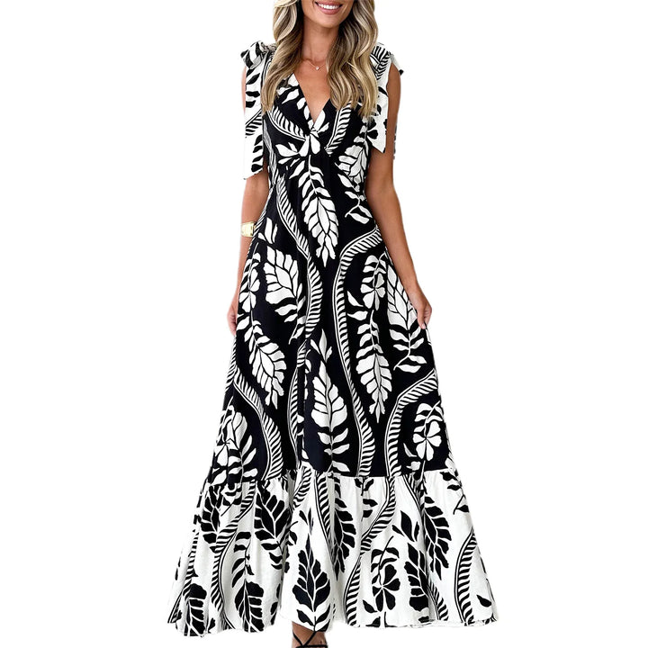 Alba Back Tie V-Neck Maxi Dress Elegant Floor-Length Gown for Autumn