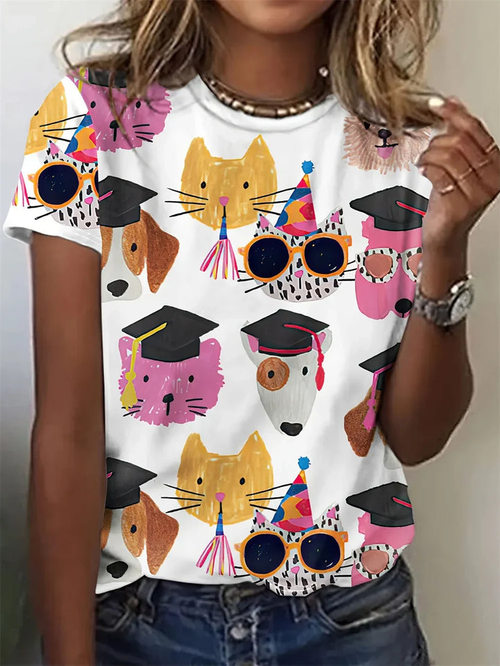 Avrille Stylish Dog Print T-Shirt for Autumn and Summer Casual Wear