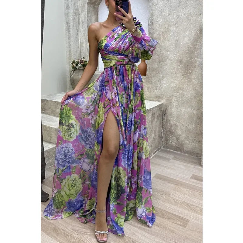 Aby Elegant One-Shoulder Floral Dress for Summer and Autumn