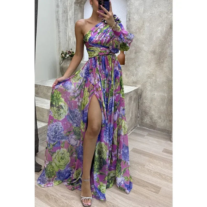 Aby Elegant One-Shoulder Floral Dress for Summer and Autumn
