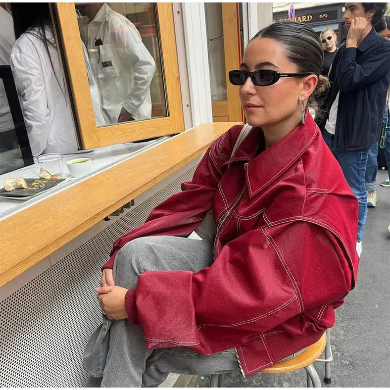Faye Oversized Red Leather Jacket Stylish Outerwear for Autumn