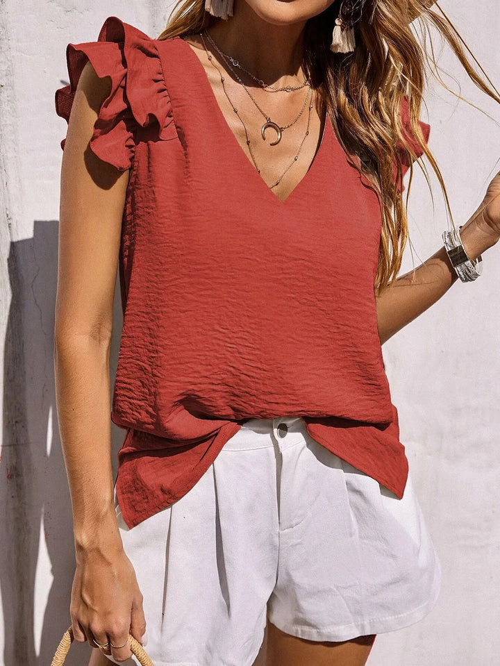 Lynette Lightweight Playful Ruffle Sleeve Summer Top with V-Neck