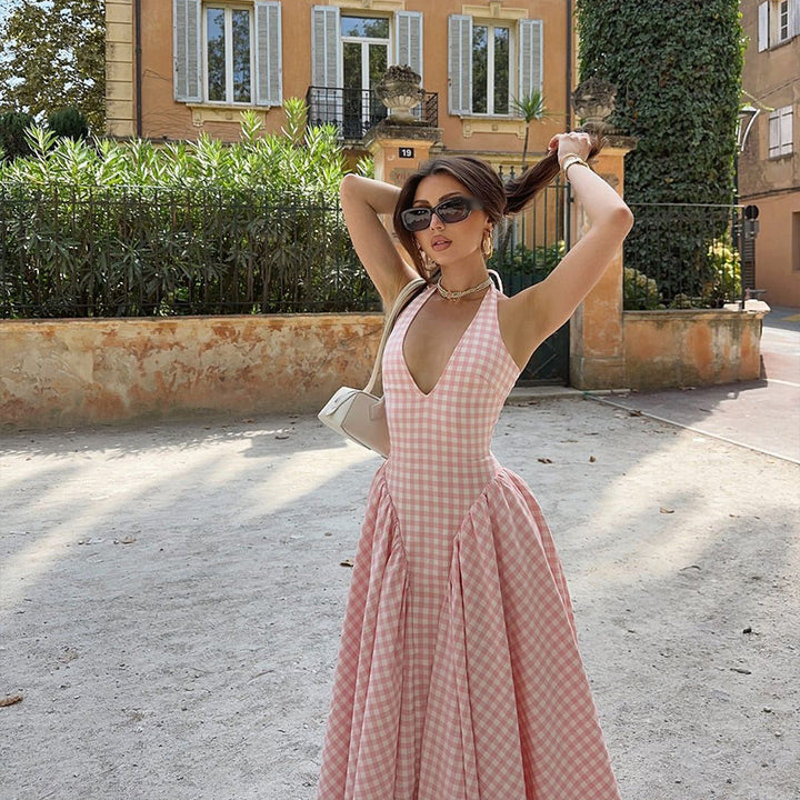Romina Plaid Print Off-the-Shoulder V-Neck Midi Dress for Autumn
