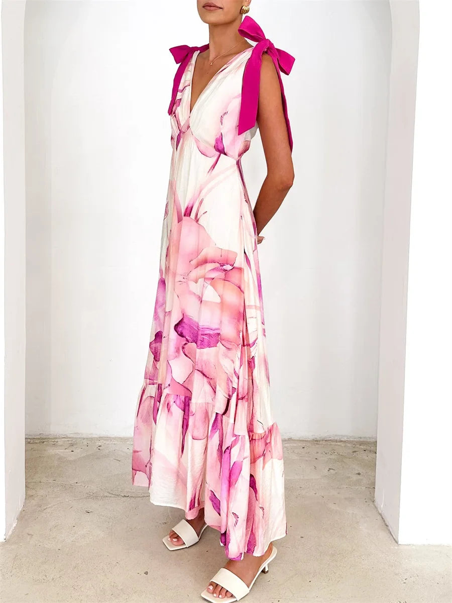 Alba Back Tie V-Neck Maxi Dress Elegant Floor-Length Gown for Autumn