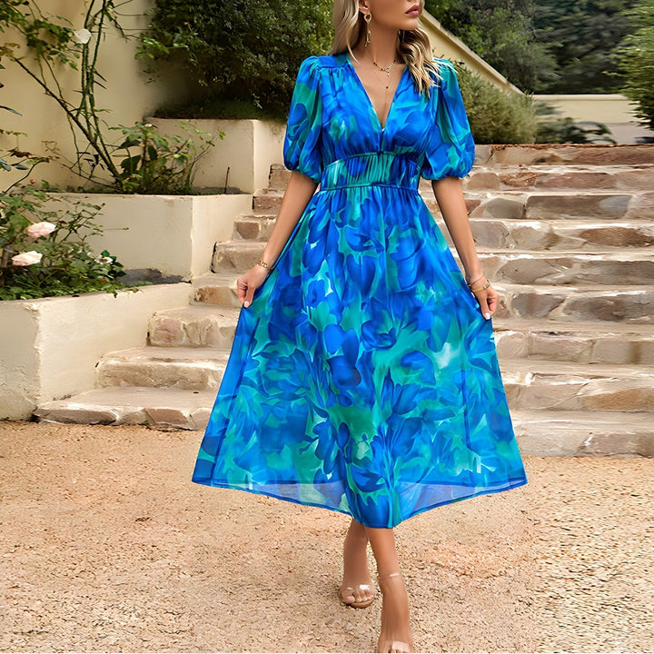 Isolde V-Neck Midi Dress with Puff Sleeves Summer Fashion