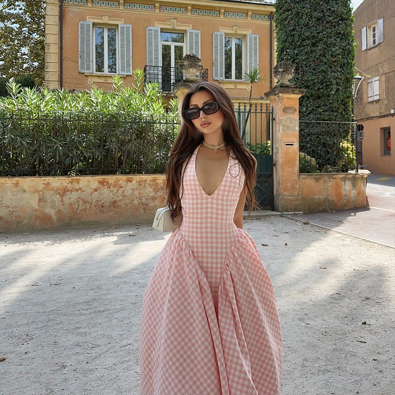 Romina Plaid Print Off-the-Shoulder V-Neck Midi Dress for Autumn