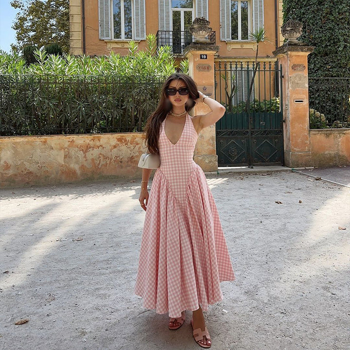 Romina Plaid Print Off-the-Shoulder V-Neck Midi Dress for Autumn