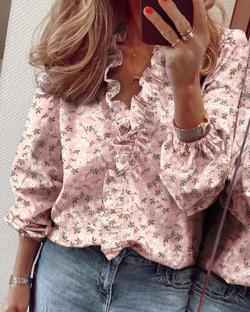 Enola Feminine Blouse with Playful Ruffles and Elegant Balloon Sleeves for Summer