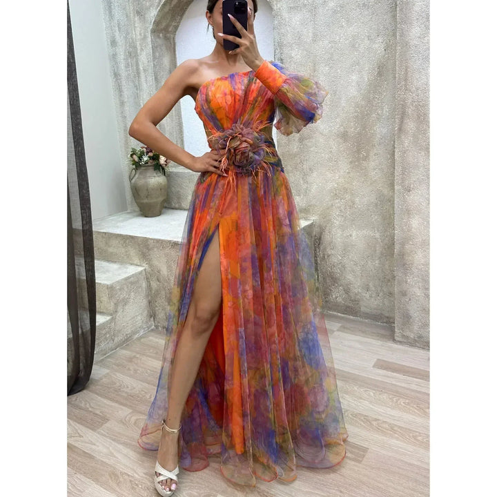 Jenny Elegant One-Shoulder Floral Gown for Autumn and Summer