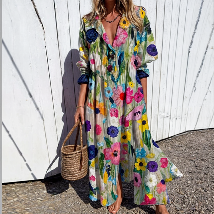 Odessa Floral Button-Down Maxi Dress with Elegant Fit for Summer and Autumn