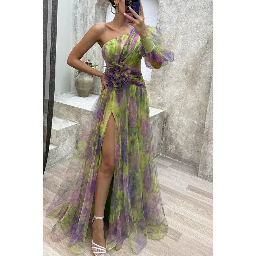 Jenny Elegant One-Shoulder Floral Gown for Autumn and Summer