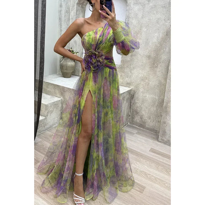 Jenny Elegant One-Shoulder Floral Gown for Autumn and Summer