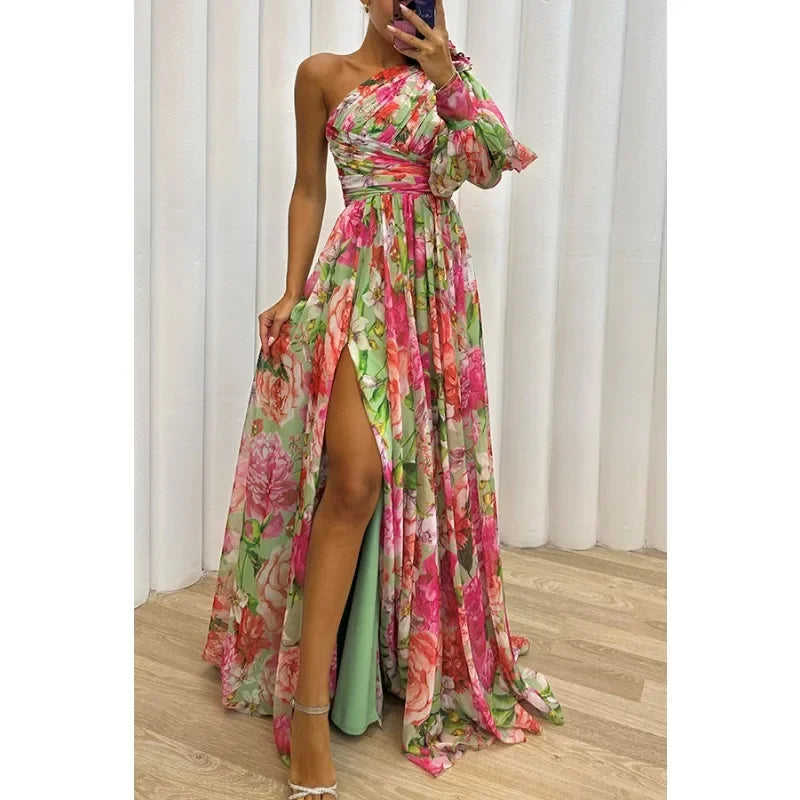 Aby Elegant One-Shoulder Floral Dress for Summer and Autumn