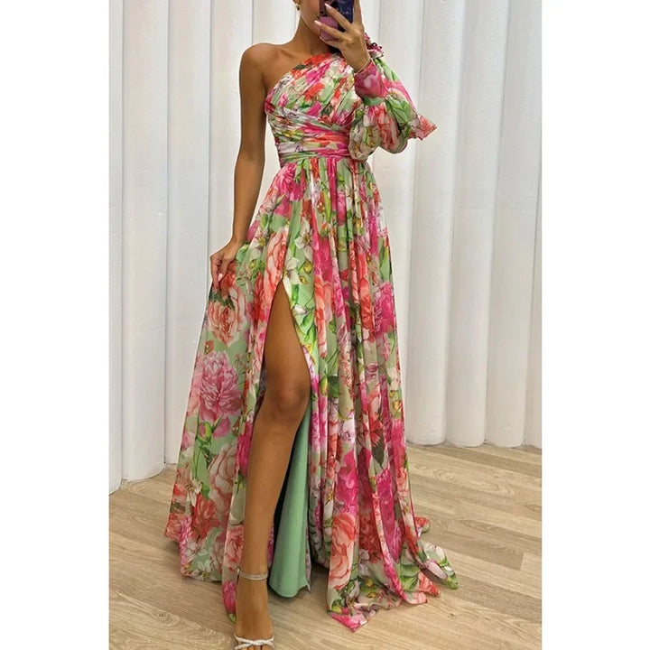 Aby Elegant One-Shoulder Floral Dress for Summer and Autumn
