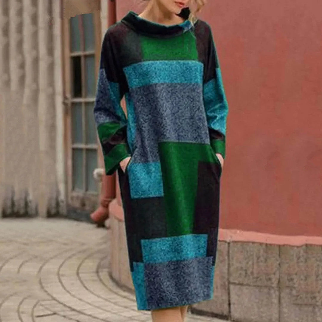 Chelsy Vintage Patchwork Midi Dress Stylish Comfortable Autumn Summer