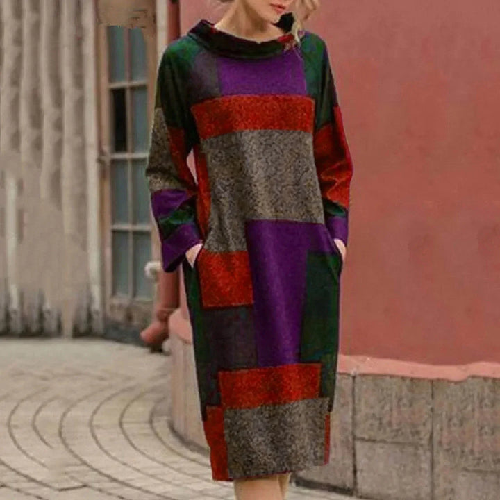 Chelsy Vintage Patchwork Midi Dress Stylish Comfortable Autumn Summer