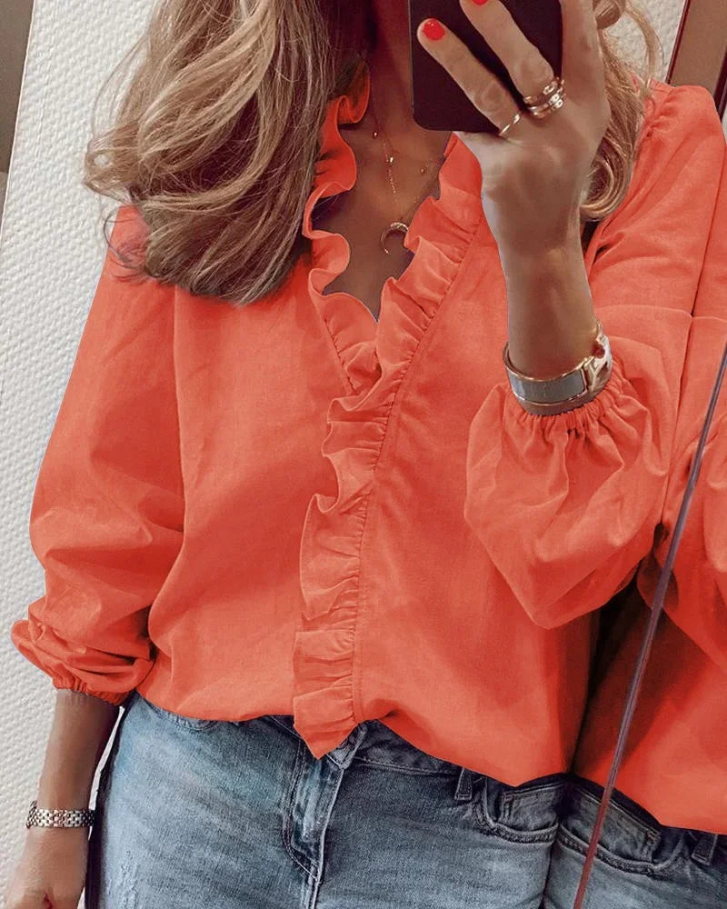 Enola Feminine Blouse with Playful Ruffles and Elegant Balloon Sleeves for Summer