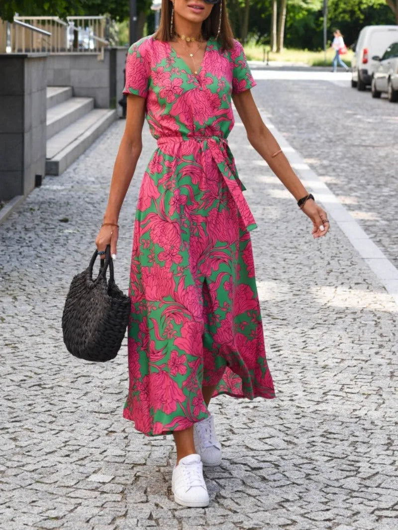 Tina Elegant Floral Wrap Dress for Autumn and Summer