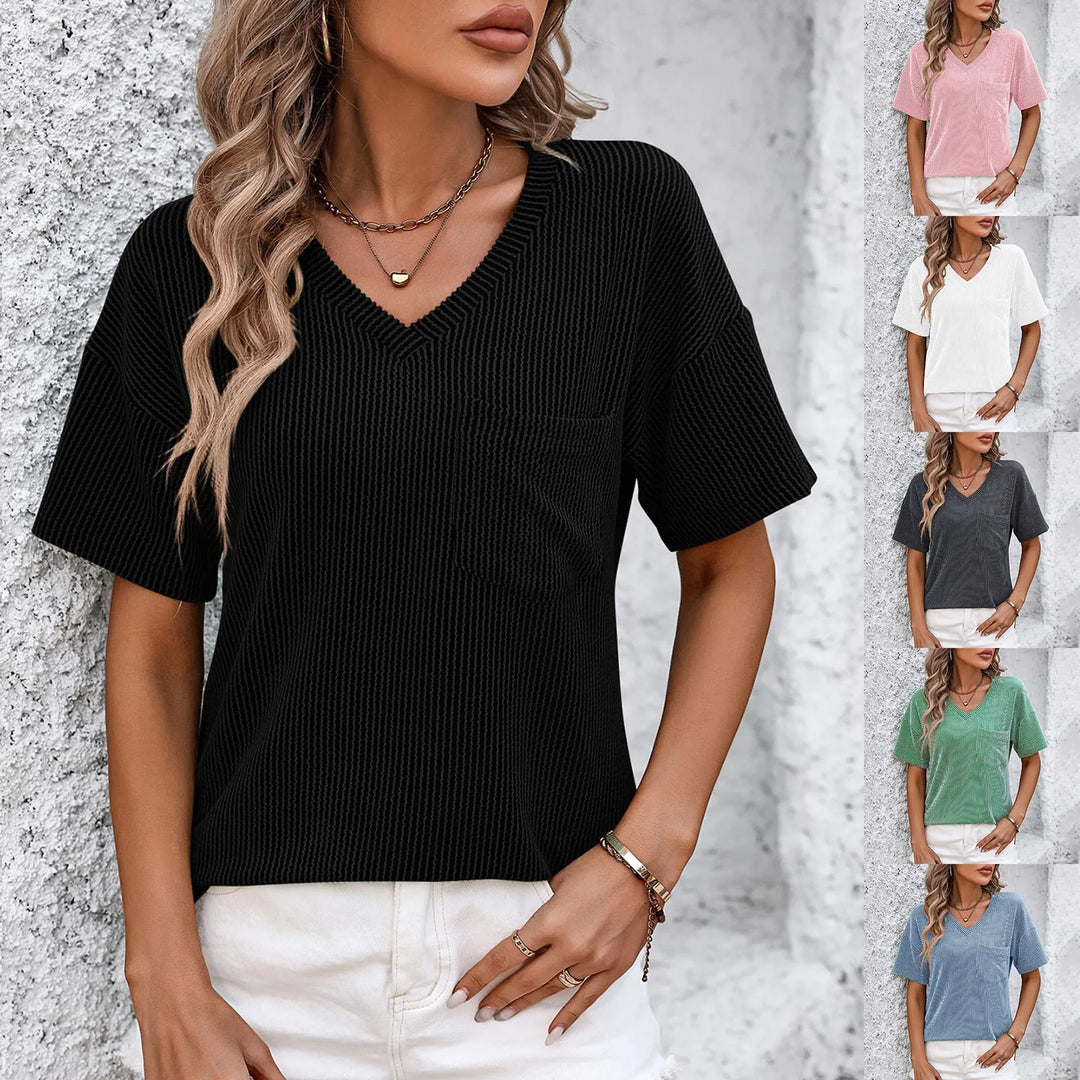 Aveline Women’s Solid V-Neck Knitted Tunic Top with Pocket for Summer and Autumn