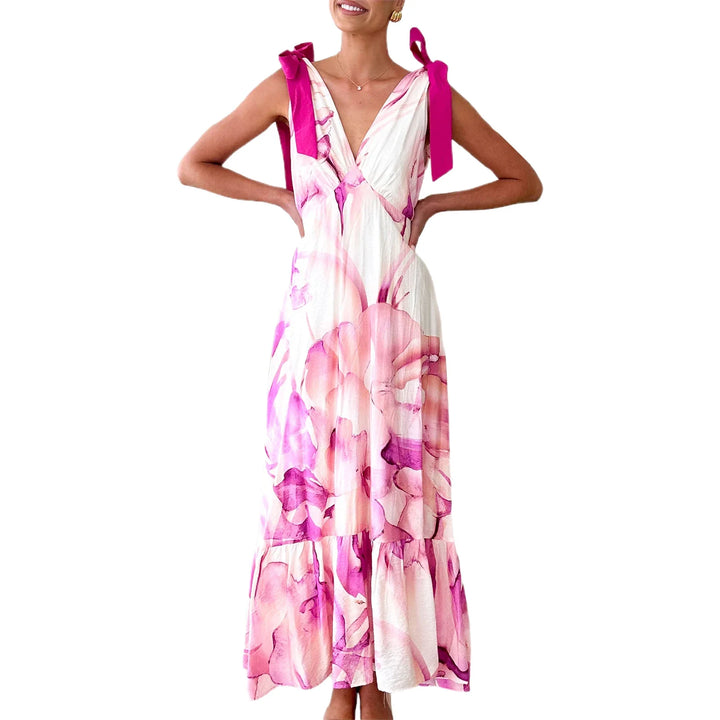 Alba Back Tie V-Neck Maxi Dress Elegant Floor-Length Gown for Autumn