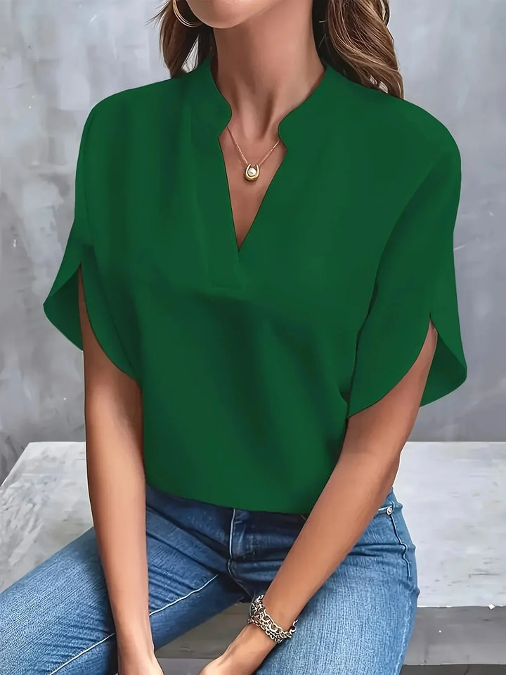 Thalia Sophisticated Tailored Blouse with V-Neckline and Cap Sleeves for Summer