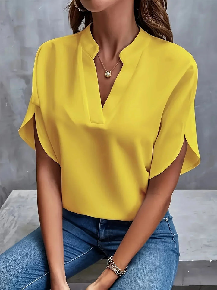 Thalia Sophisticated Tailored Blouse with V-Neckline and Cap Sleeves for Summer