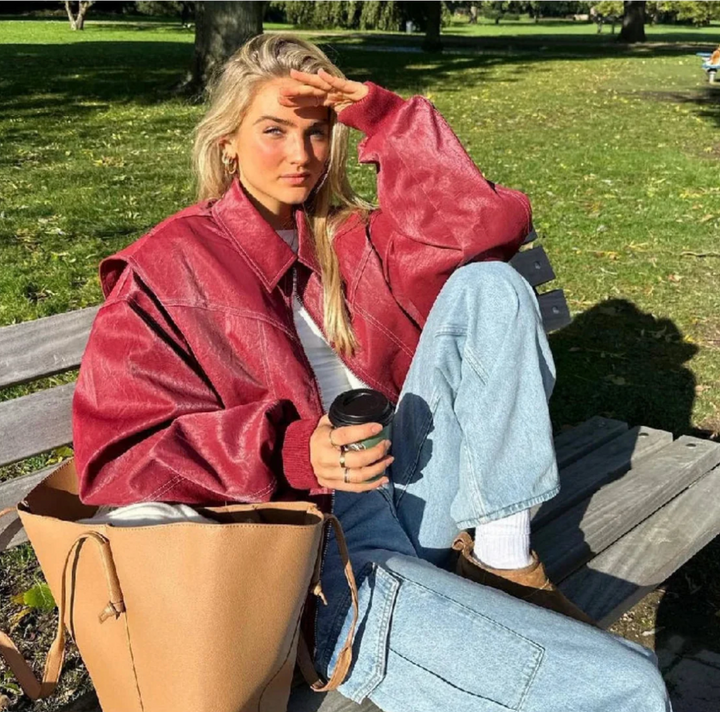 Faye Oversized Red Leather Jacket Stylish Outerwear for Autumn