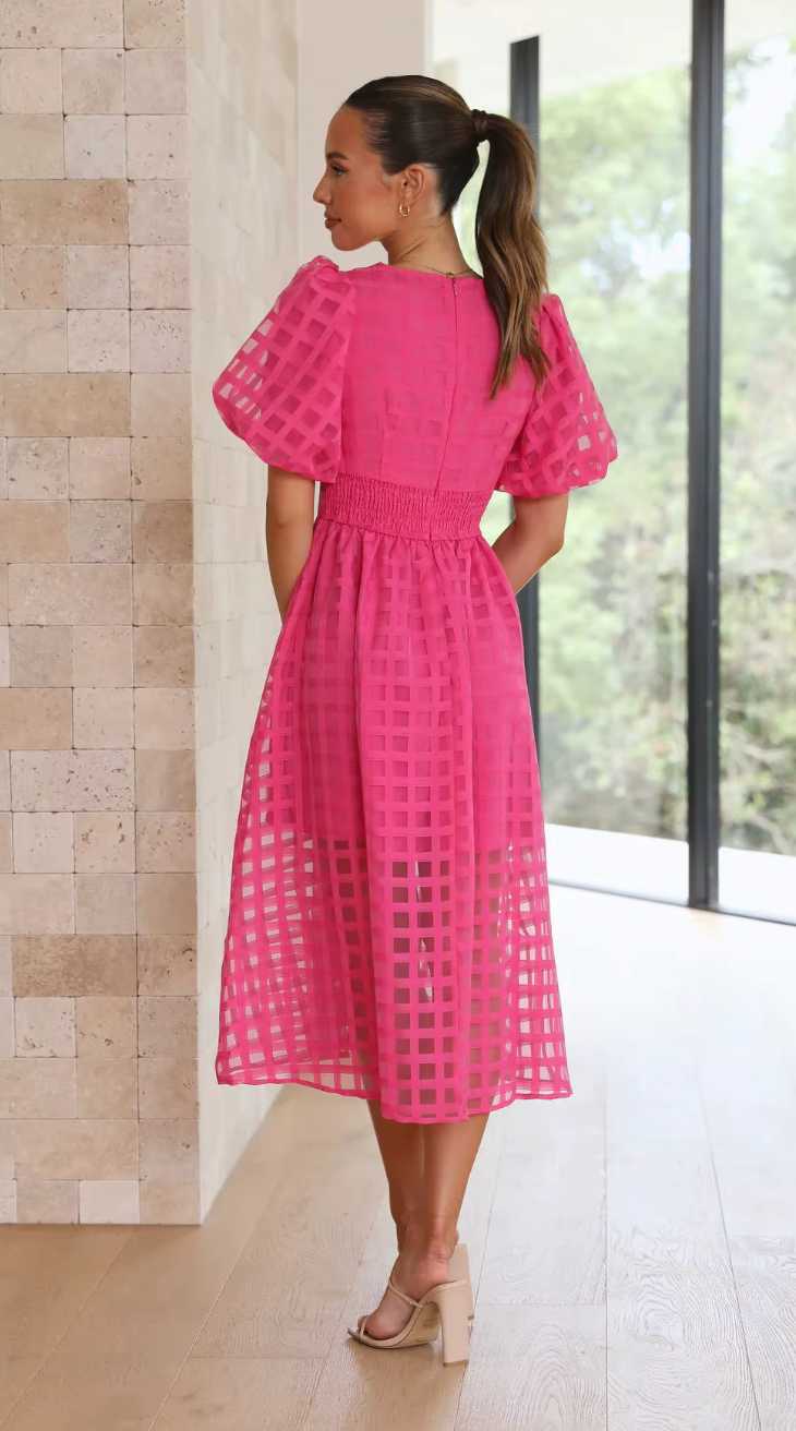 Hallie Elegant Summer Dress with Timeless Plaid Print and Ankle-Length Silhouette