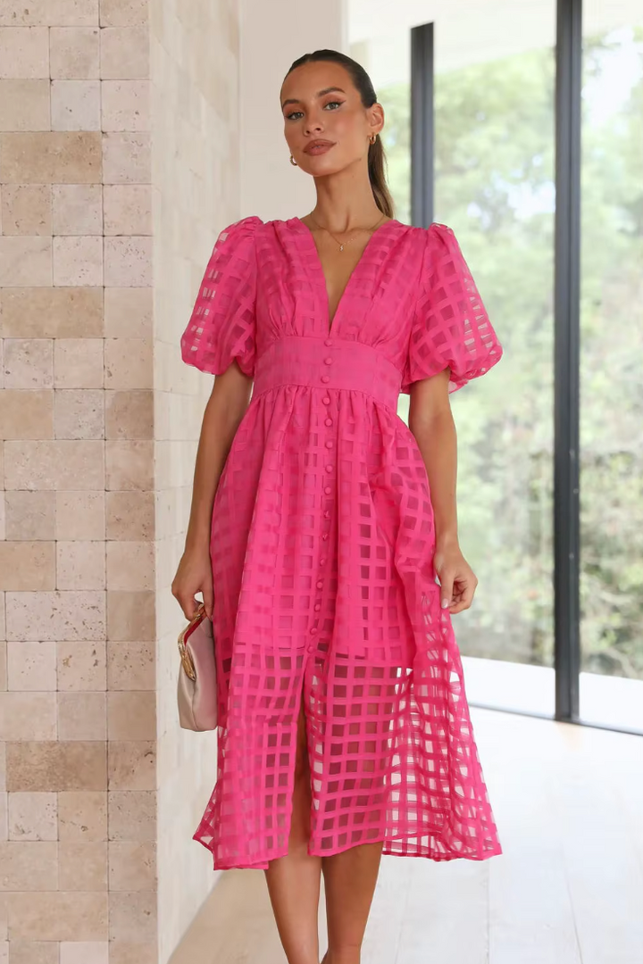 Hallie Elegant Summer Dress with Timeless Plaid Print and Ankle-Length Silhouette