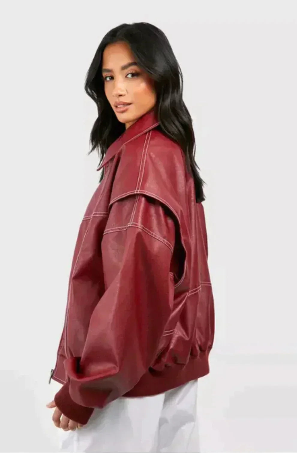 Faye Oversized Red Leather Jacket Stylish Outerwear for Autumn