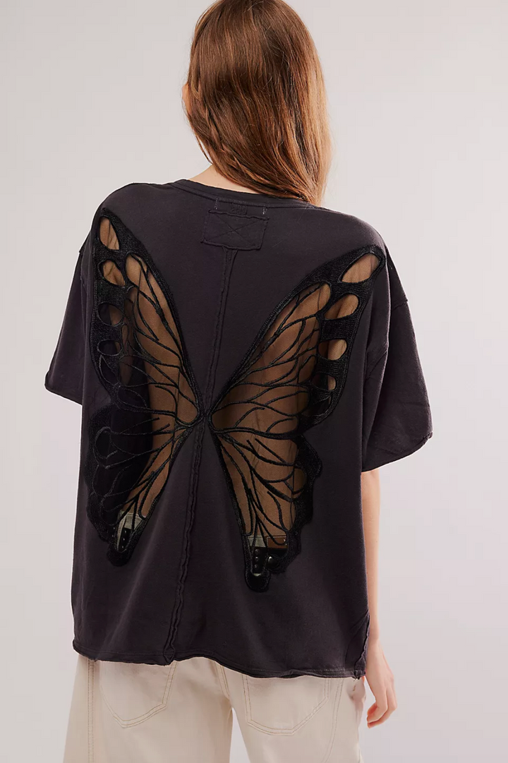 Butterfly Mesh Back Oversized Tee Vintage-Wash Cotton Blend Autumn Top