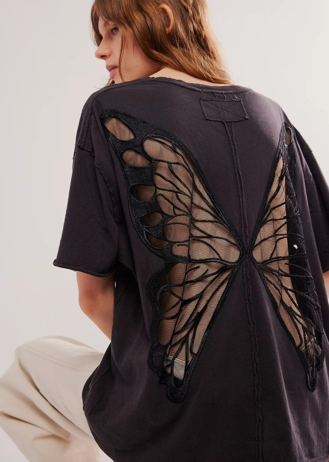 Butterfly Mesh Back Oversized Tee Vintage-Wash Cotton Blend Autumn Top