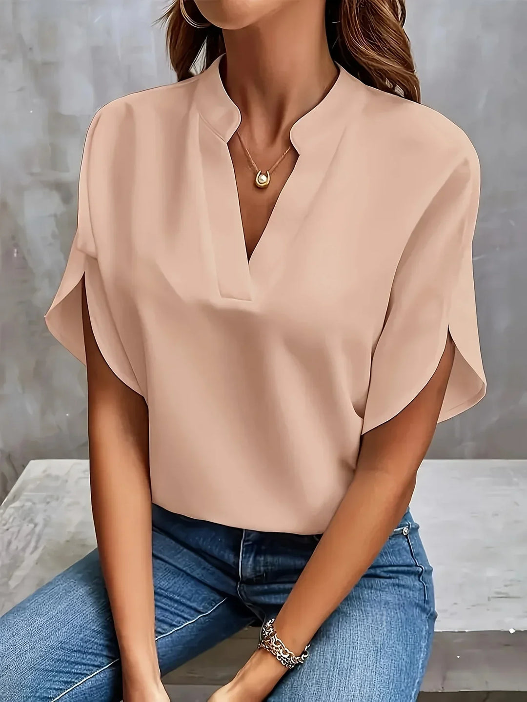 Thalia Sophisticated Tailored Blouse with V-Neckline and Cap Sleeves for Summer