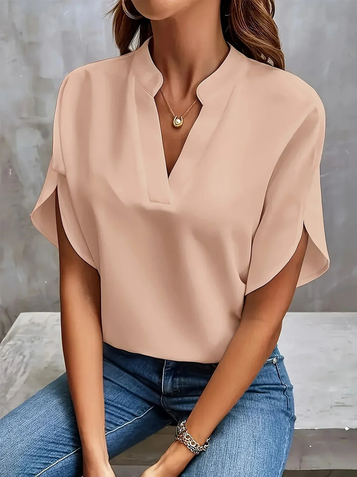 Thalia Sophisticated Tailored Blouse with V-Neckline and Cap Sleeves for Summer