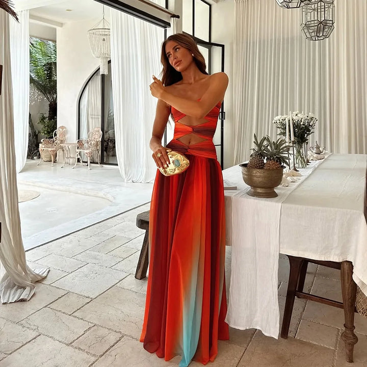 Diana Elegant Color-Block Maxi Dress for Autumn and Summer