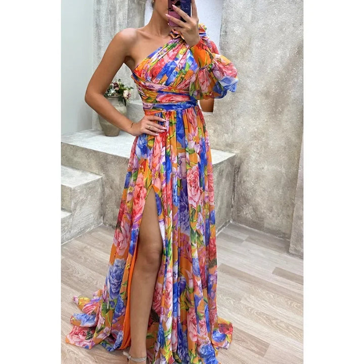 Aby Elegant One-Shoulder Floral Dress for Summer and Autumn