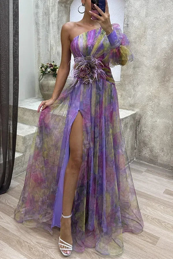 Jenny Elegant One-Shoulder Floral Gown for Autumn and Summer