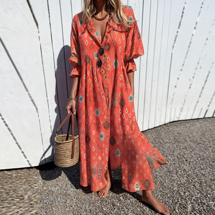 Odessa Floral Button-Down Maxi Dress with Elegant Fit for Summer and Autumn