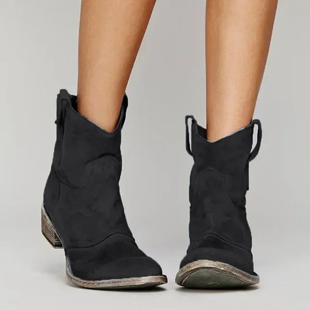 Jane Vintage Cowboy Ankle Boots for Women – Comfortable Low Heels, PU Leather, Autumn Style