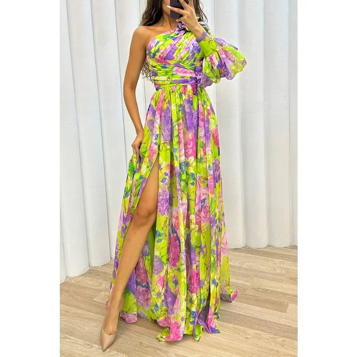 Aby Elegant One-Shoulder Floral Dress for Summer and Autumn