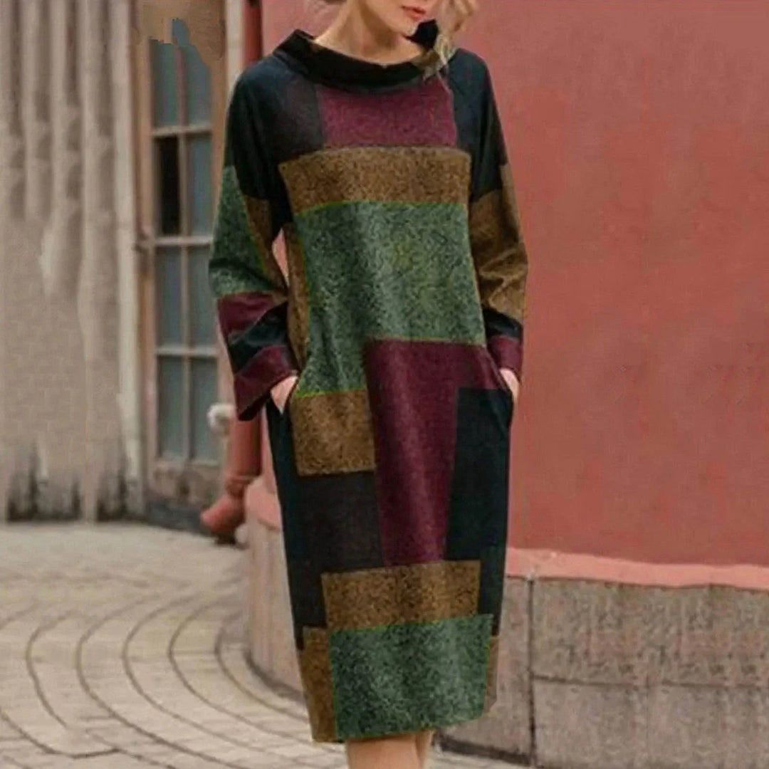 Chelsy Vintage Patchwork Midi Dress Stylish Comfortable Autumn Summer