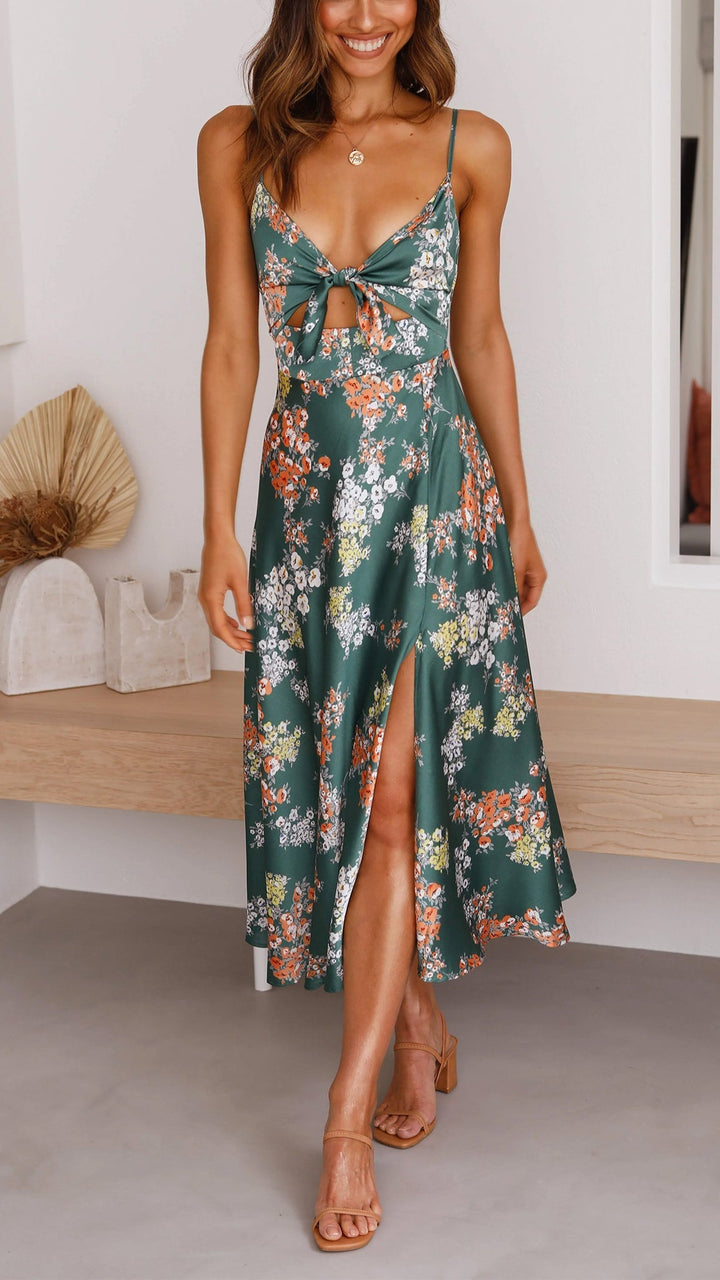 Elegant Satin Floral Dress for Women Autumn Summer