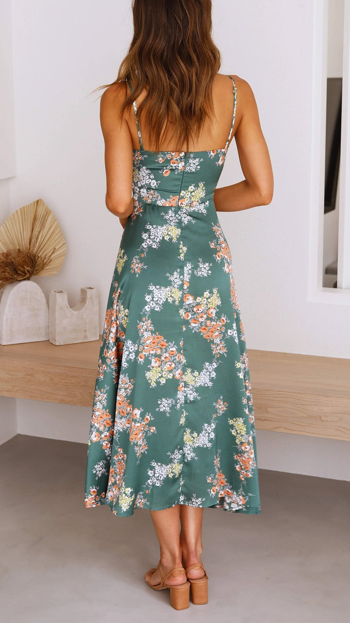 Elegant Satin Floral Dress for Women Autumn Summer