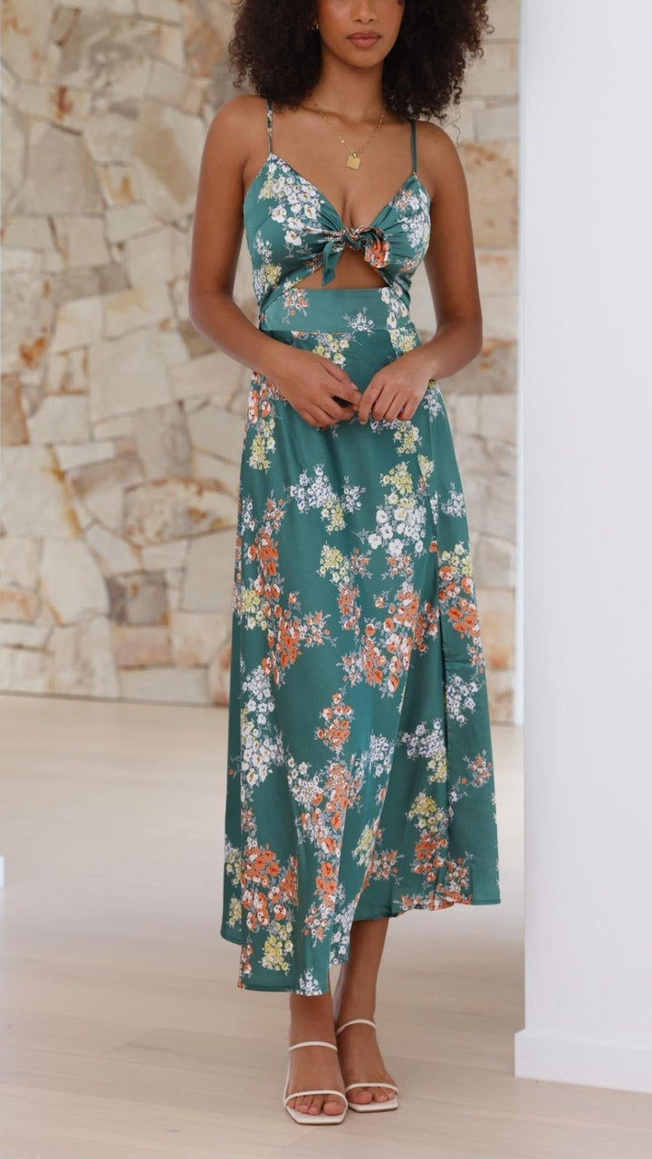 Elegant Satin Floral Dress for Women Autumn Summer
