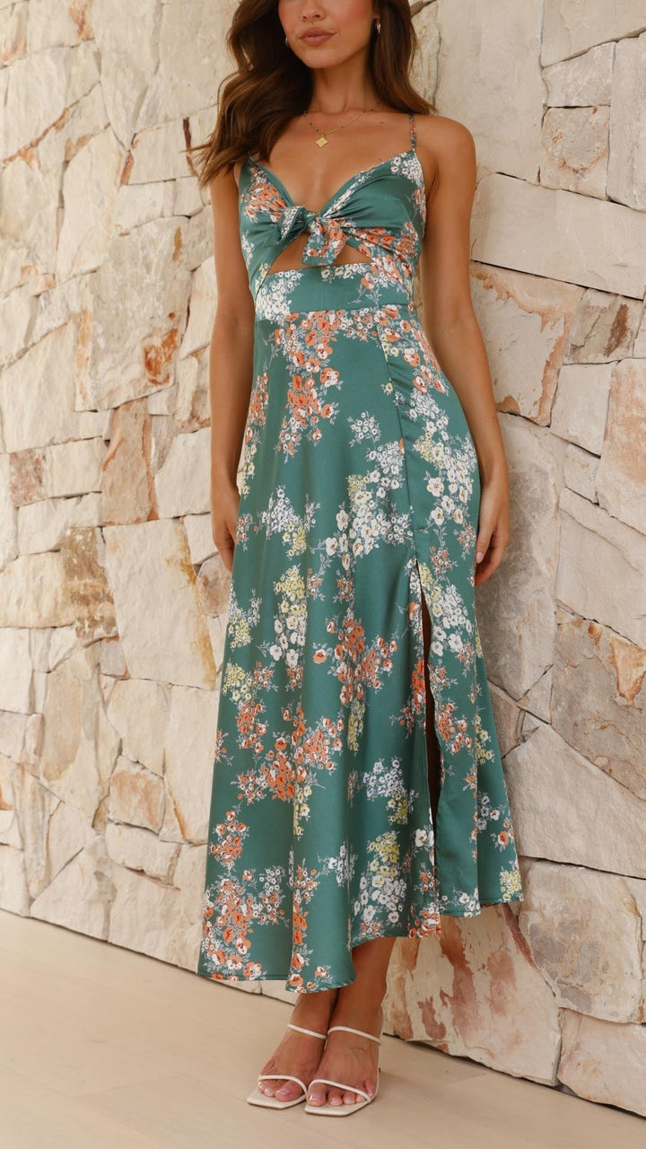 Elegant Satin Floral Dress for Women Autumn Summer