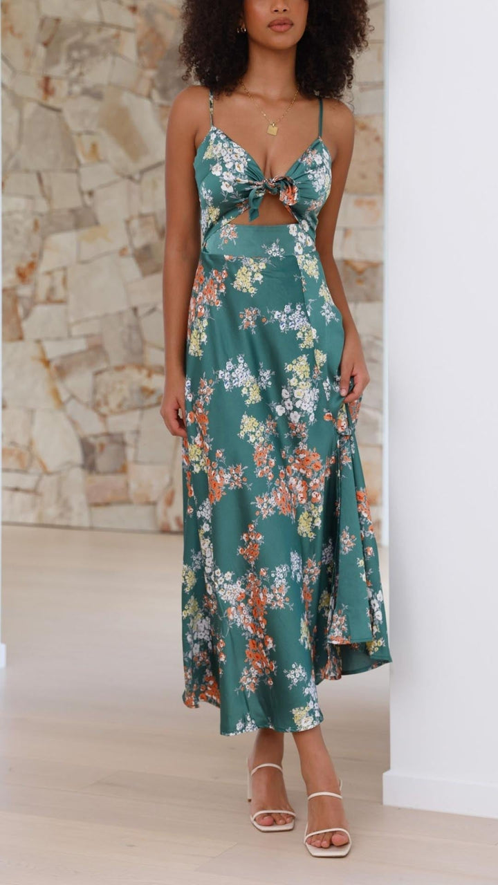 Elegant Satin Floral Dress for Women Autumn Summer